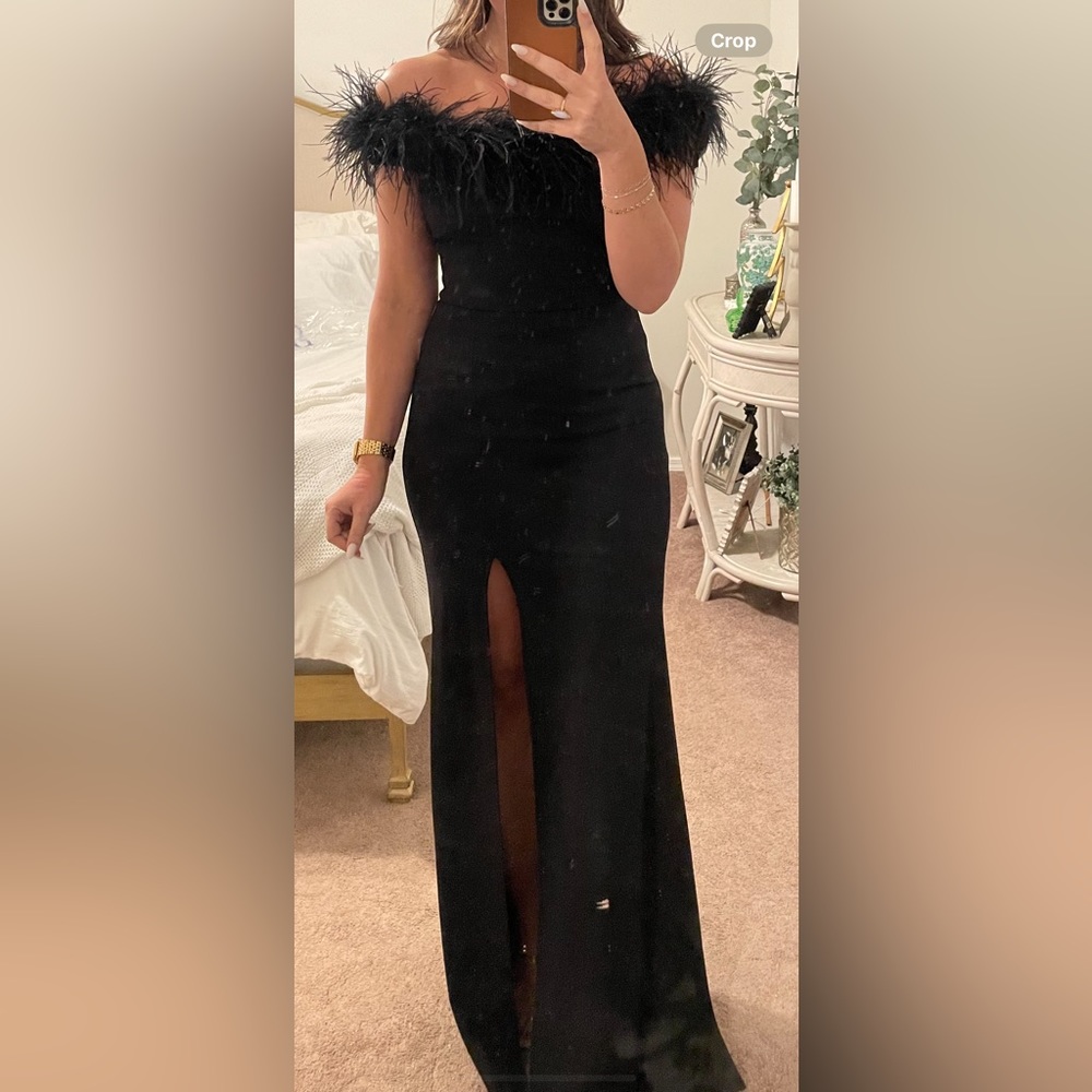 Black Feather Off the Shoulder Gown